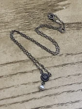 Boma 925 Italy Sterling Silver Designer Signed Sunflower Pearl Drop Necklace 16”