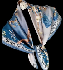 100% Silk 34" Square Scarf Women neckerchief Shawl Wrap floral blue beige HD24