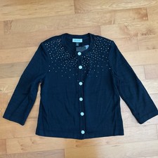 NWT St John Collection XL Black Sweater Cardigan Sparkles Buttons Knitwear 995