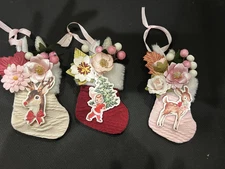  3 Mini Christmas Stocking Ornaments and Gift Holders OOAK  Reindeer Decoration