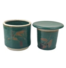 Studio Art Pottery Butter Keeper Crock w/ Lid Green Artist Signed Sun Valley, ID