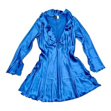Vtg Y2K Frederick's of Hollywood Blue Satin Flare Bell Sleeve Nightie Mini Dress