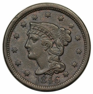 1846 Braided Hair Large Cent Tall Date N 12 very rare LDS (f) obverse cuds