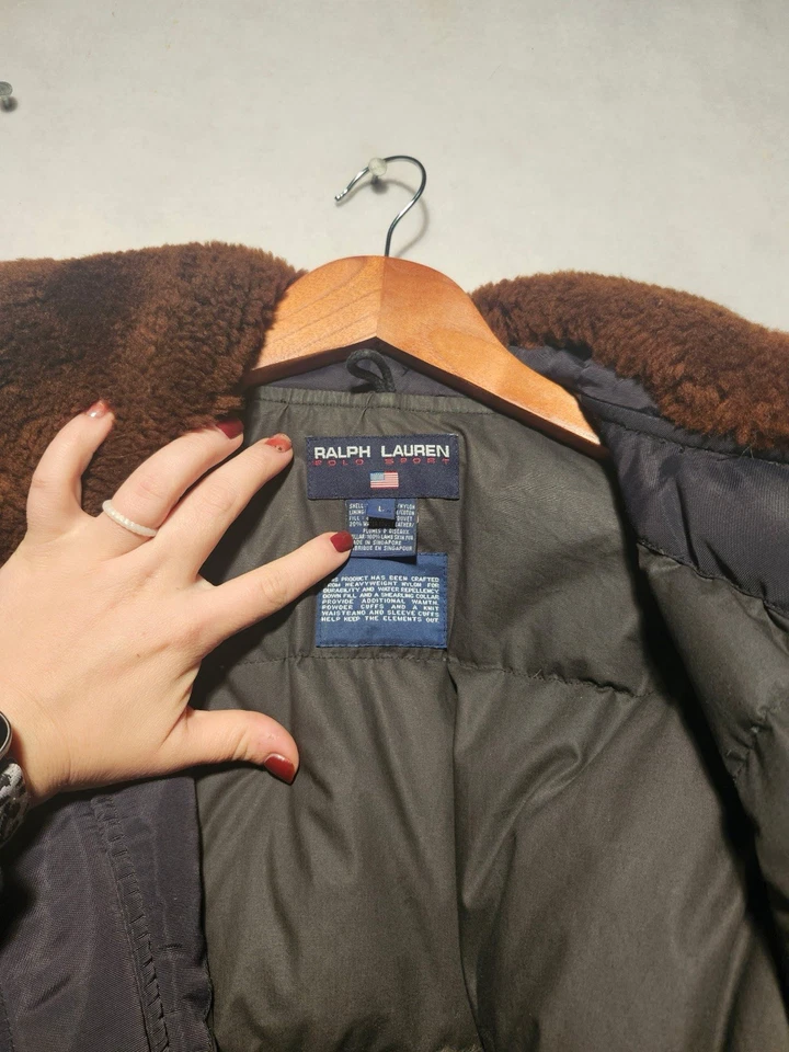 Polo Ralph Lauren Bomber Puffer Jacket Mens Large Black Down Feathers Lambswool - Image 2 of 4