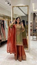 Stylish Look Roman Glass Silk Green Top Palazzo With Dupatta For Festival Wear