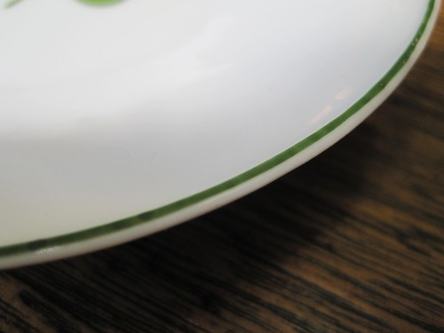 PLATO DE PLATILLO DE PORCELANA BLANCA DE TRÉBOL VERDE (#10A31) BORDE VERDE FORRADO FINO - Imagen 4 de 6