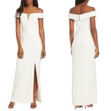 NEW VINCE CAMUTO Ivory NOTCHED Off the Shoulder SLIT Crepe COLUMN Evening GOWN 8