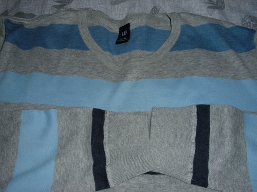 Men's GAP Striped 100% Cotton Round Neck Jumper Grey with Blue Stripes Size XL - Picture 4 of 8