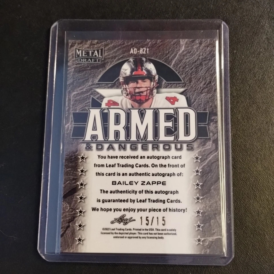 #15/15 Bailey Zappe Blue Mojo Rookie Auto 2022 Leaf Metal Card WKU Patriots  - Image 2 of 2