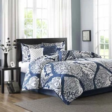 BEAUTIFUL 7 PC MODERN CHIC NAVY BLUE WHITE TROPICAL LEAF MEDALLION COMFORTER SET