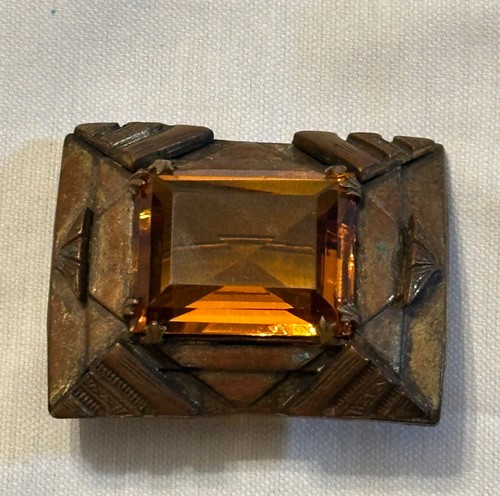 Anique art deco Czech citrine rhinestone brooch pin