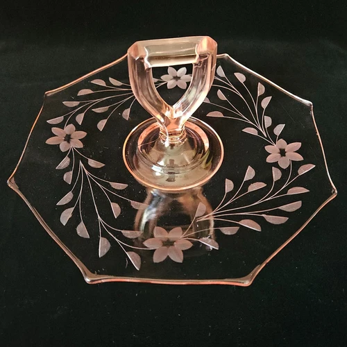Depression Glass Pink Octagonal Serving Plate Tray Center Handle Vintage 9.5"