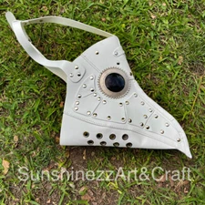 Steampunk White Leather Plague Doctor Long Wide Nose Bird Mask w/ Gold Eyelets