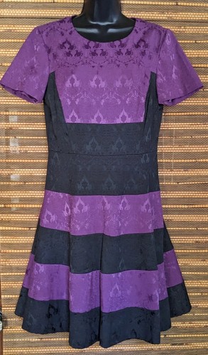 New $169 Belle Badgley Mischka Size 10 Black Purple Brocade Striped Tennis Dress