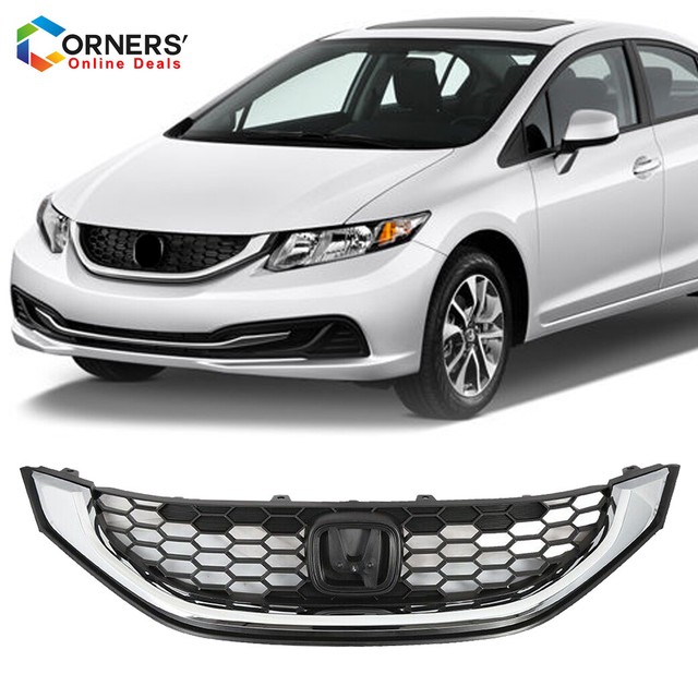 Fits 2013 2015 Honda Civic Sedan Front Grill Black With Trim Chrome
