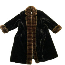 Tissavel Faux Fur Coat Size L Le Coat Black With Brown Striped Trim Long Length