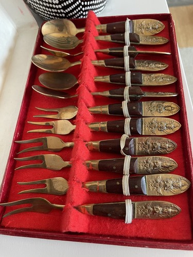 MCM Thailand Devas Gold Bronze& Wood COCKTAIL Set 12 Pc - S. Samran W Box NOS - Picture 2 of 6