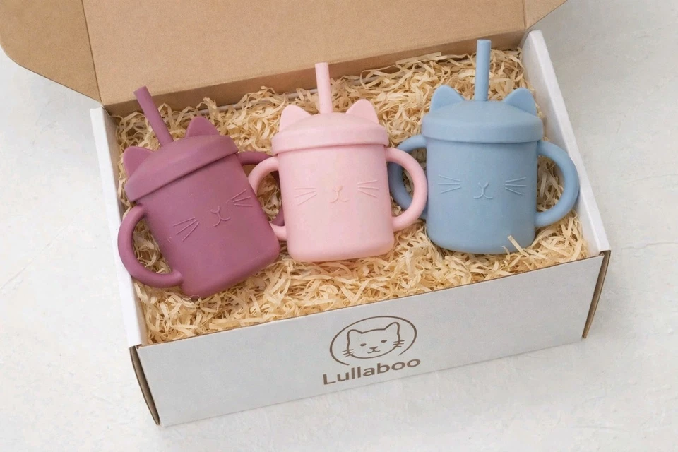 Lullaboo 3er Farbe Set Trinkbecher Silikon mit Strohhalm BPA-frei Baby Becher - Bild 3 von 4