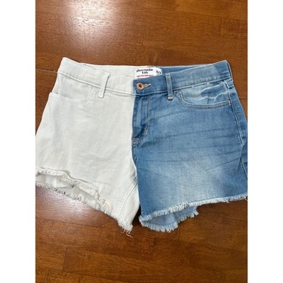 Abercrombie Kids Midi Shorts Girls 15/16 Blue White Colorblock Raw Hem Denim