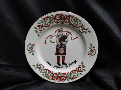 Centurion Ribbon Holly, Red Ribbon: ''9 Pipers Piping'' Salad Plate, 7 1/2''
