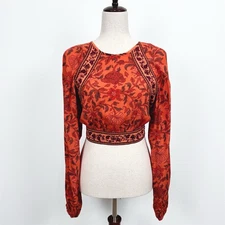 Urban Outfitters Top Womens S Orange Floral Cropped Bell Sleeve Indie Boho Fall
