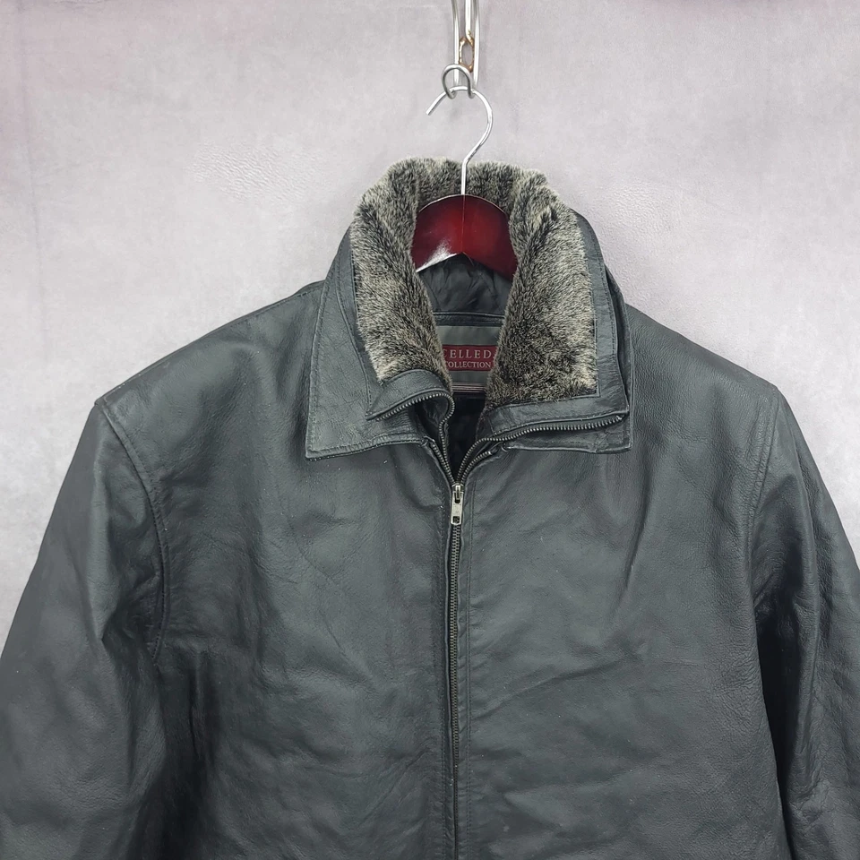 Excelled Jacket Mens XL Black Leather Full Zip Faux Fur Lined Moto Bomber Vtg - Image 3 of 4