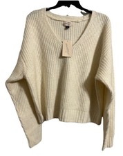 Universal Thread L Womens Sweater Open Knit Pullover V-Neck, Cotton Blend, Cream