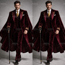 Velvet Men's Bergundy long Suit Formal 4Pcs Banuqet Prom Tailored Long Jacket