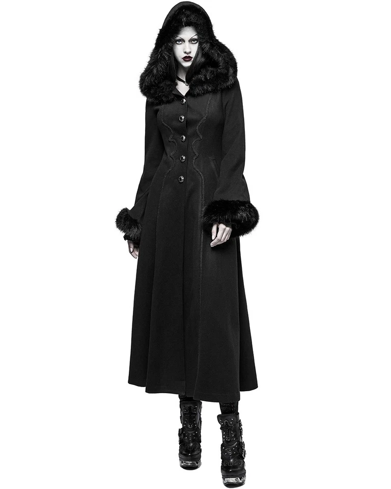 Punk Rave Womens Hooded Coat Long Jacket Black Goth Lolita Steampunk Winter VTG - Image 3 of 4