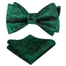 Mens Paisley Jacquard Self-Tie Bow Tie Pocket Square Set Dark Green