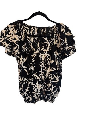 Express Black Cream Floral Blouse Vacation Women s Banded Bottom Boho Top Medium
