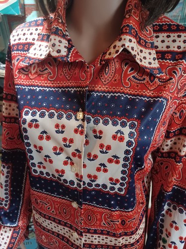 True VTG 1960s 1970s Mid-century Polyester Groovy Ladies Blouse Top Mod L/XL MCM - Picture 3 of 13