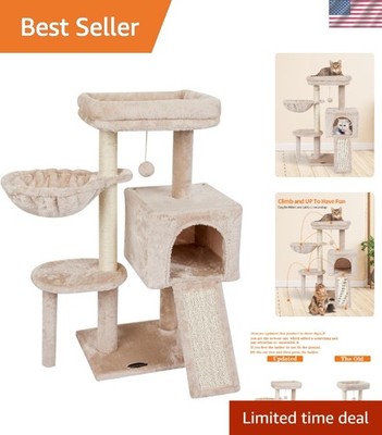 Elegant Beige Cat Condo with Jump Platform - Sturdy Scratching Posts for Kittens