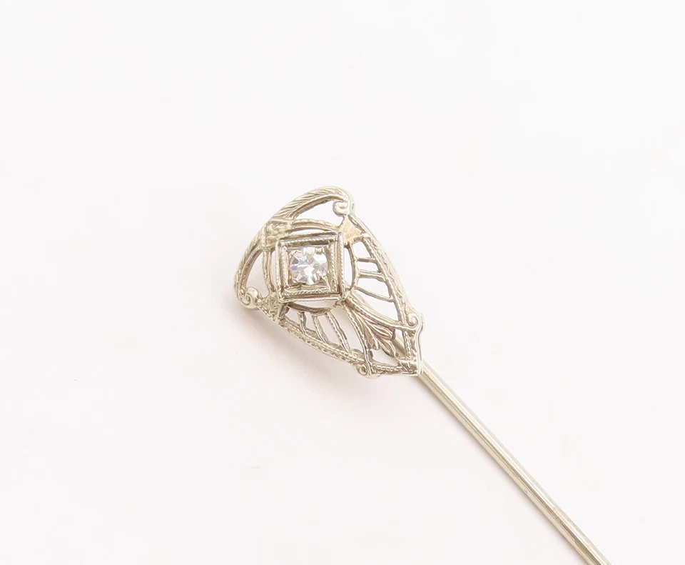 14K GOLD Vintage Lapel Pin Victorian Design Carved Real Diamond Inlay GOT085 - Image 3 of 4