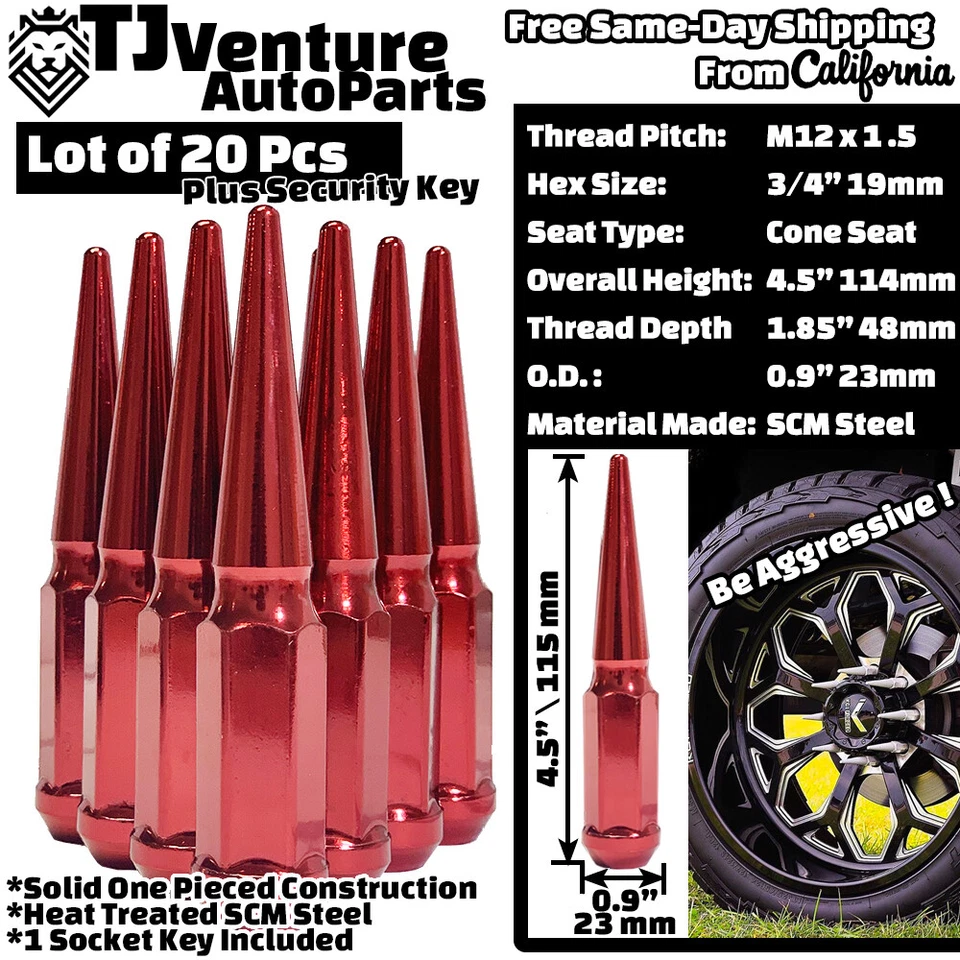 Tuerca de espiga sólida roja de 4,5" de alto M12x1,5 20 piezas + llave de ajuste modelos Acura Honda Foto 2 de 3