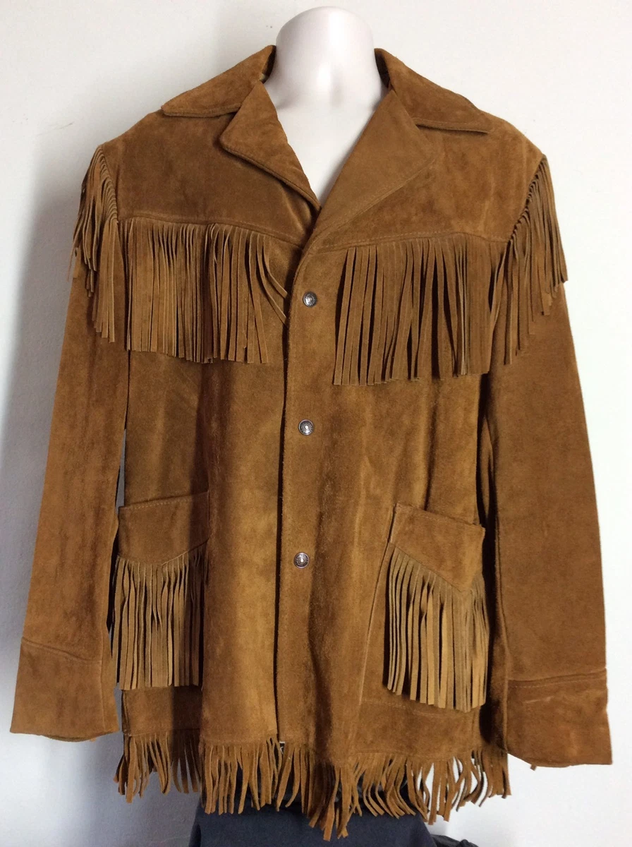 Vtg 70s Early 80s Schott NYC Western Suede Leather Fringe Jacket Brown 44 Coat