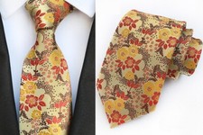 New Classic Floral Gold Red Brown JACQUARD WOVEN 100 Silk Men's Tie Necktie