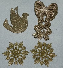 12 LOVELY GLITTERY SPARKLY GOLD BOWS, DOVES  SNOWFLAKES ORNAMENTS 
