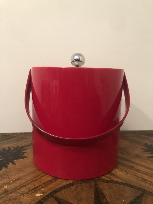 Vintage MCM RED Ice Bucket & Clear Lucite Lid Handle USA Entertain
