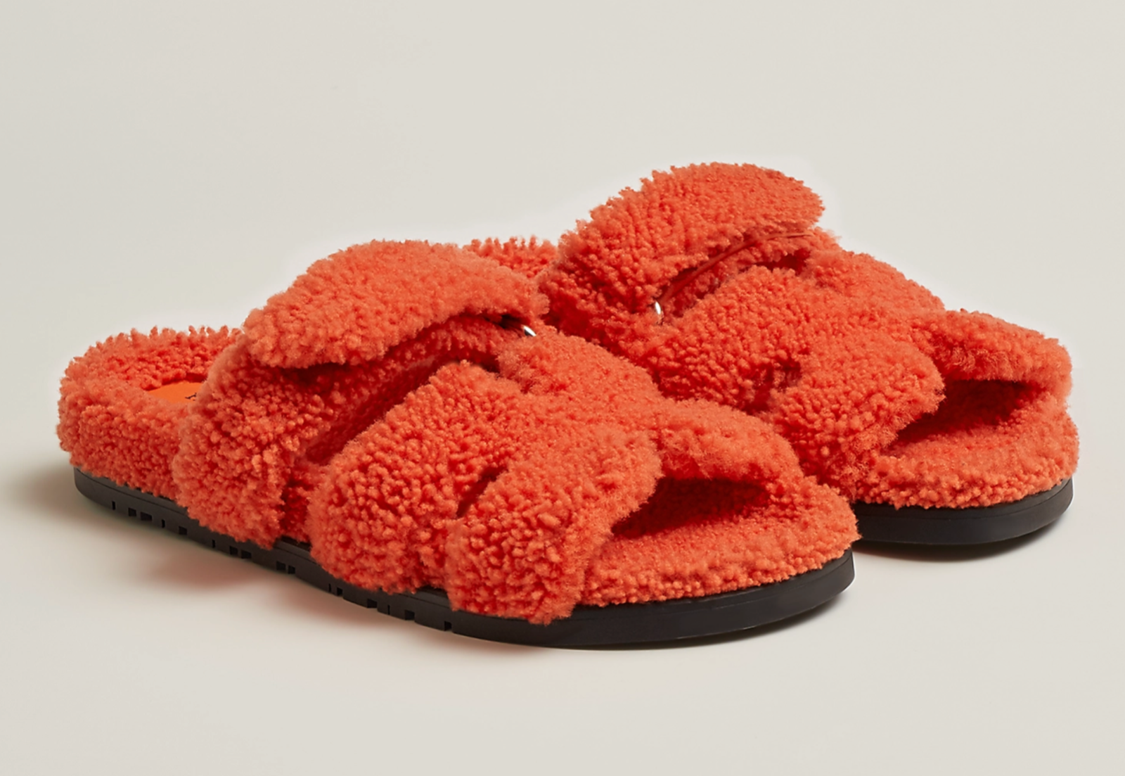Hermes Chypre Sandal Teddy Shearling Fur Orange H Logo Slide Mule Flat Flip  40.5 | eBay