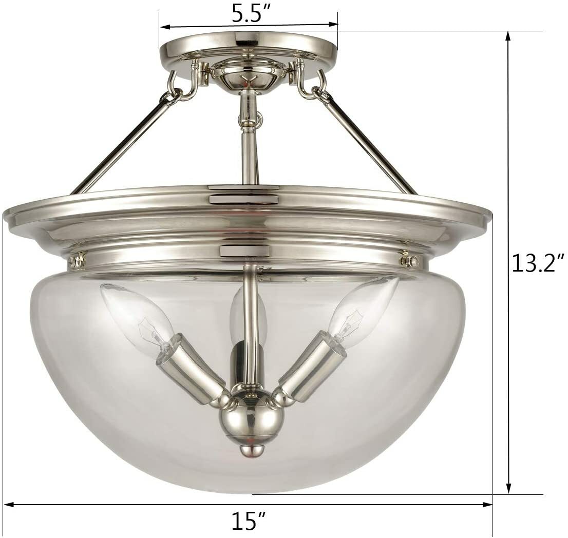 Modern Semi Flush Ceiling Light, 3-Light Clear Glass Shade