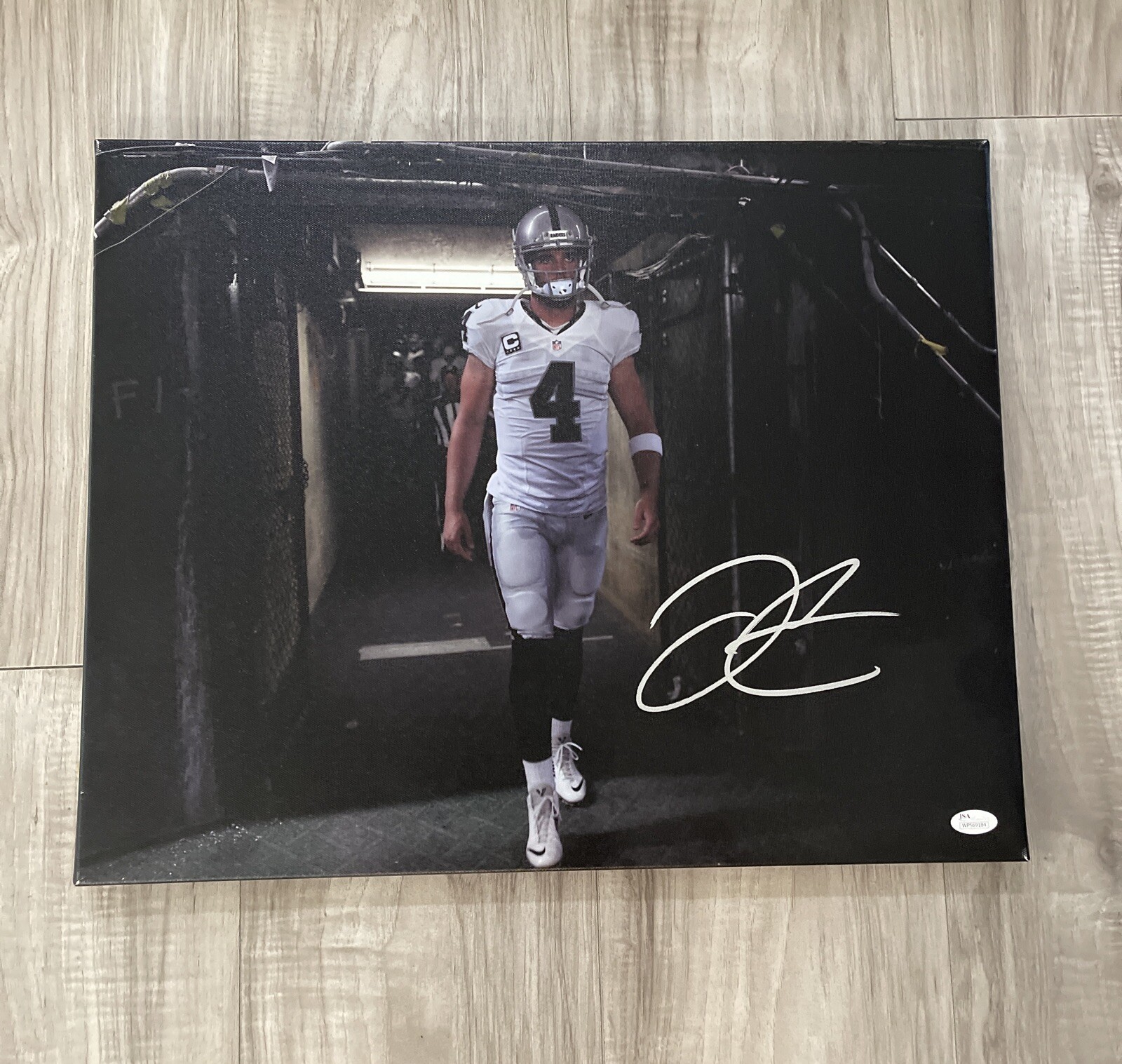 Derek Carr Autographed Signed Oakland Raiders 16x20 Canvas OAKLAND Las VEGAS RAIDERS JSA Sticker Only 