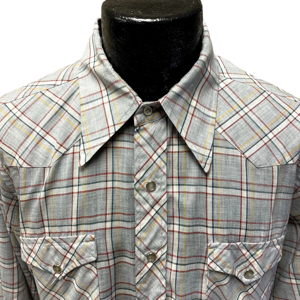 Camisa De Colección Años 70 Wrangler Gris Rojo Cuadros Vaquero Perla Occidental Snap ROCKABILLY 44 Foto 3 de 4