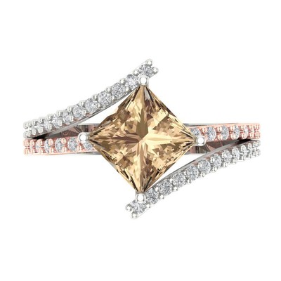 2.4ct Princess Cut Yellow Moissanite Promise Bridal Wedding Ring 14k 2 tone Gold