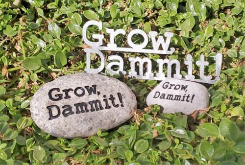 Spring Garden Signs: Grow, Dammit! Cut in Rustic Steel -OR- Engraved in Stone - Picture 1 of 11