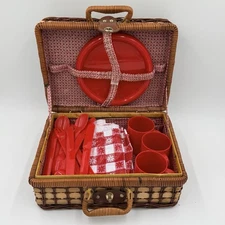 Vintage Wicker Picnic Basket Set 1980s Red Gingham Lined with Plates & 3 Cups