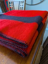 Vintage Red W/ Classic Black Stripes 100% Wool Queen Size Blanket 87" X 73" NICE