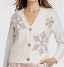 33 Degrees Christmas Cardigan Womens L Cream Gold Embellished Snowflakes Buttons