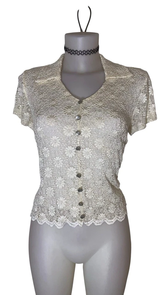 90-х годов Y2k женщин слоновой кости цветочный Babydoll кружева Kawaii кокетка Cottagecore верхний размер M - Изображение 3 из 4