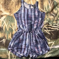 Athleta Girl Girls S/7 Blue Purple Abstract Sleeveless Romper Pockets Drawstring